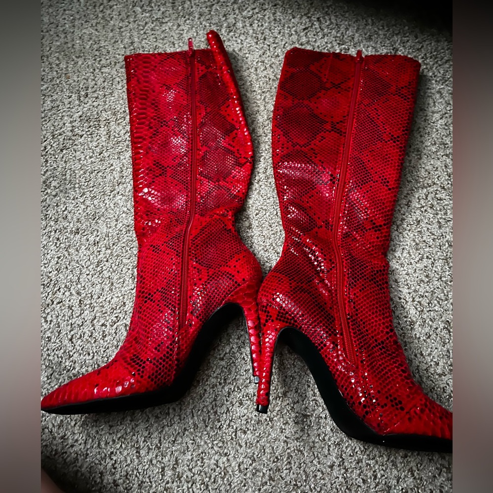 Snake skin (faux) red and black boots with 3-4 in heel